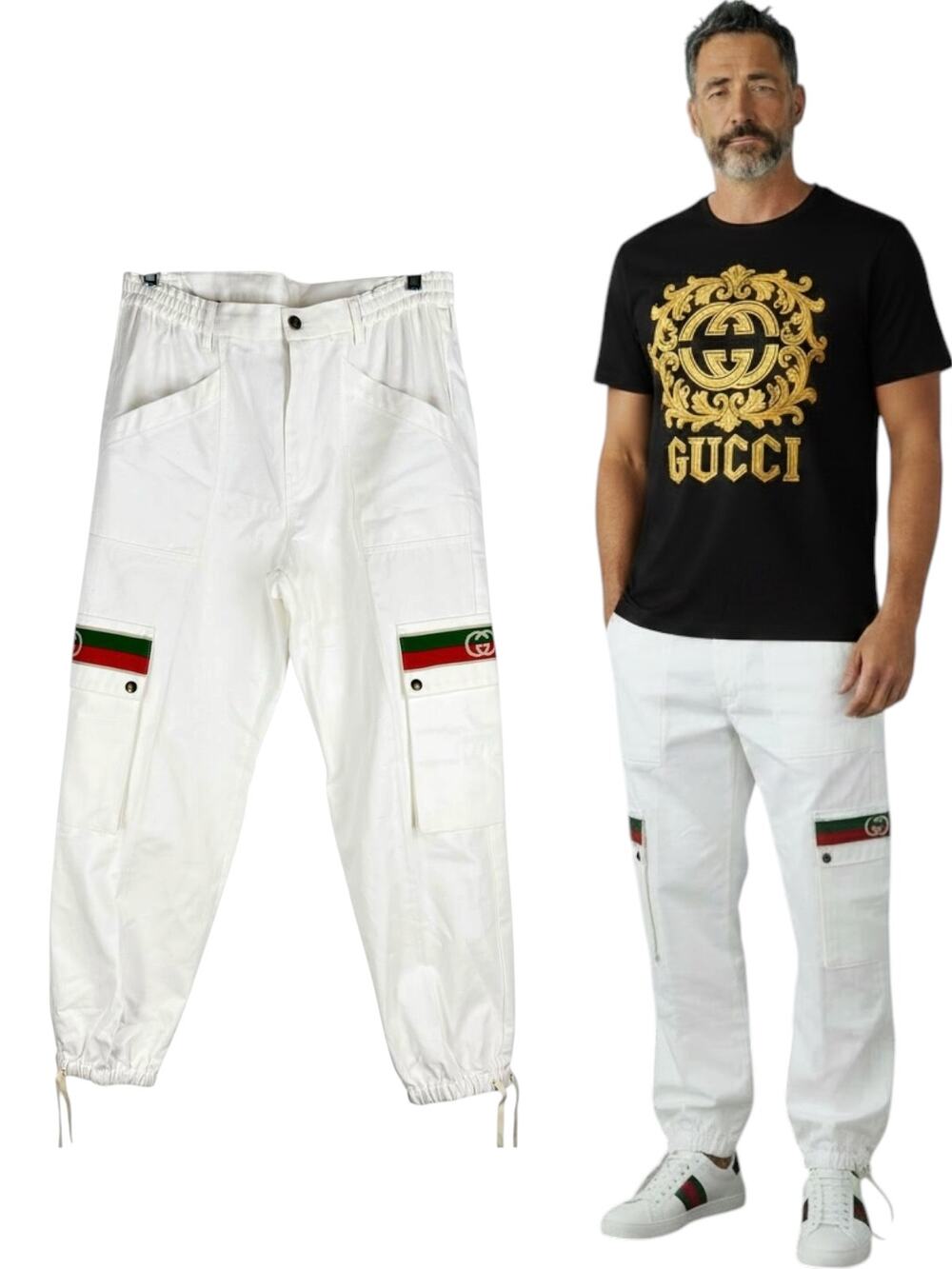 New Gucci Off White Canvas Pressed Cotton Cargo Pants Size 50